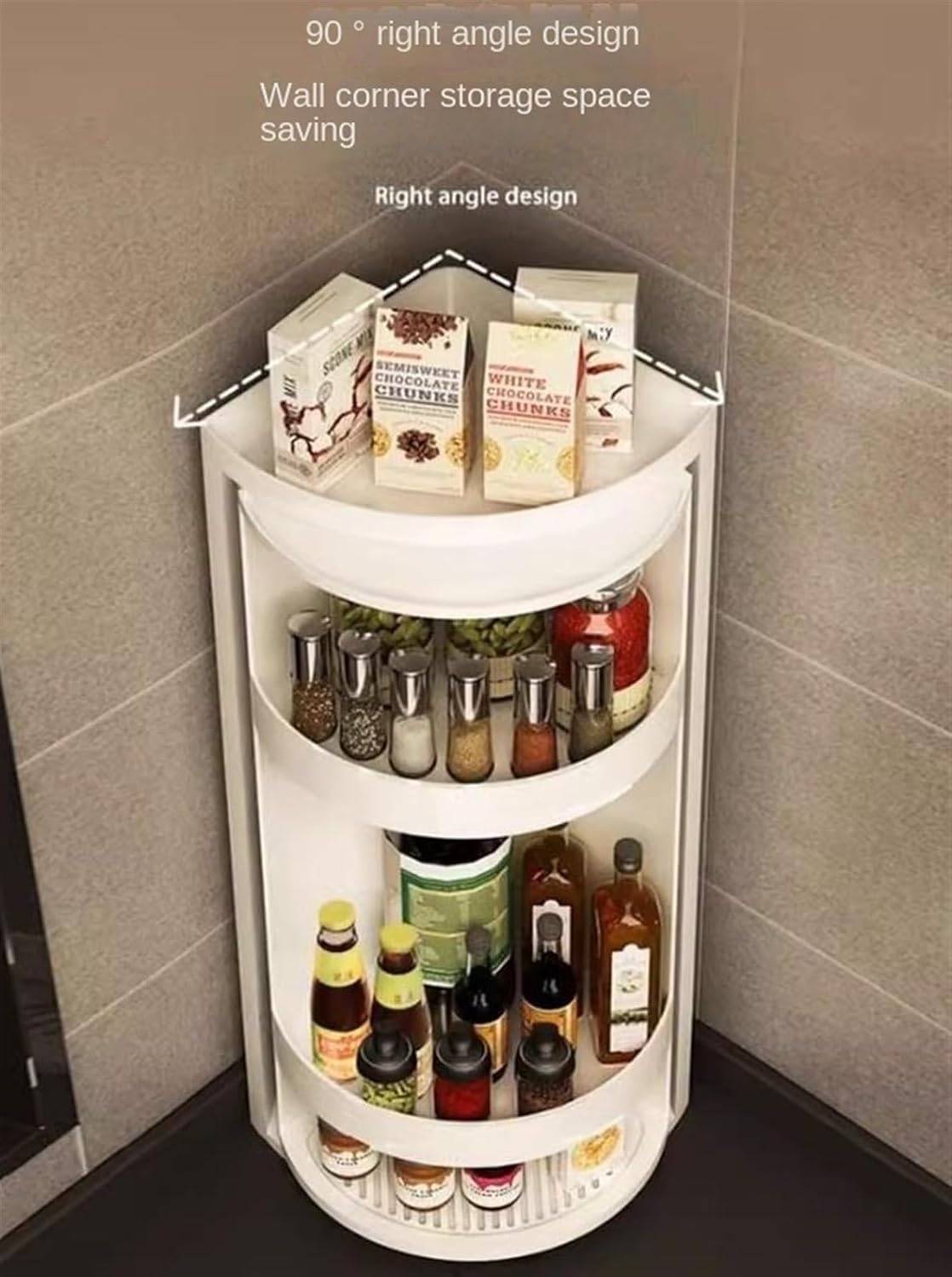 Corner Shelf for Home Rotate Corner Shelf 3 Tier Bathroom Counter Organizer Plastic Countertop Corner Shelves for Bathroom Kitchen Office Corner Shelves Display Shelf, 26*60cm, White