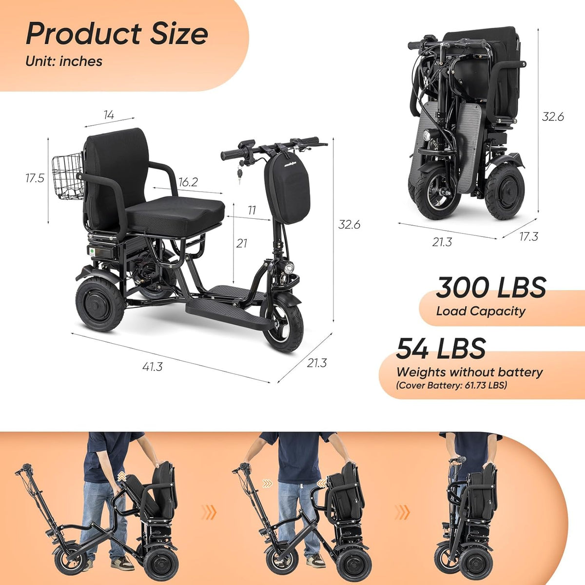 3 Wheel Mobility Scooter for Seniors Adults, 700W 48V10AH Lithium 300 lbs Electric Mobility Scooters Foldable, Travel Folding Scooters Lightweight, Collapsible Handicap Elderly Scooter