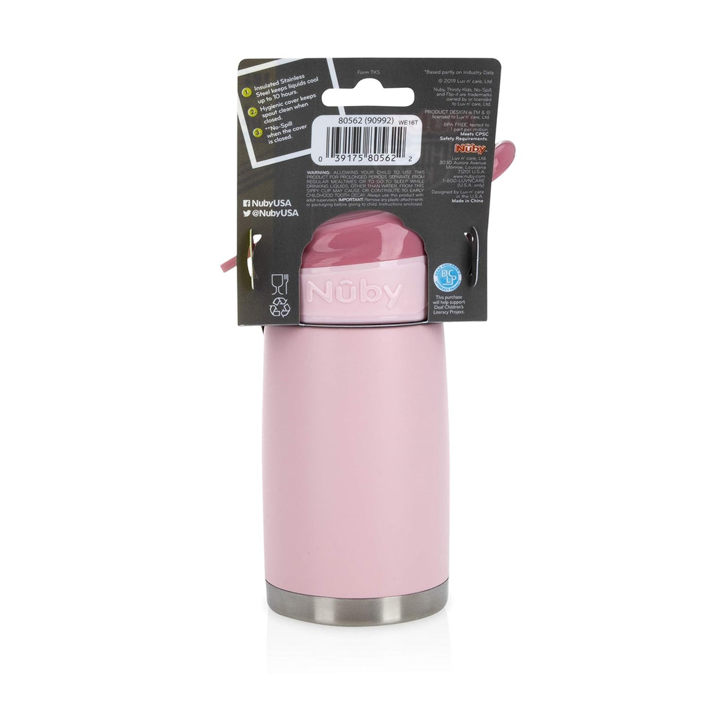 Nuby Thirsty Kids No Spill Flip-It Reflex Stainless Steel Travel Cup or Water Bottle - 10 Oz - 18+ Months - Pink - Back to School Essentials,(Pack of 12)