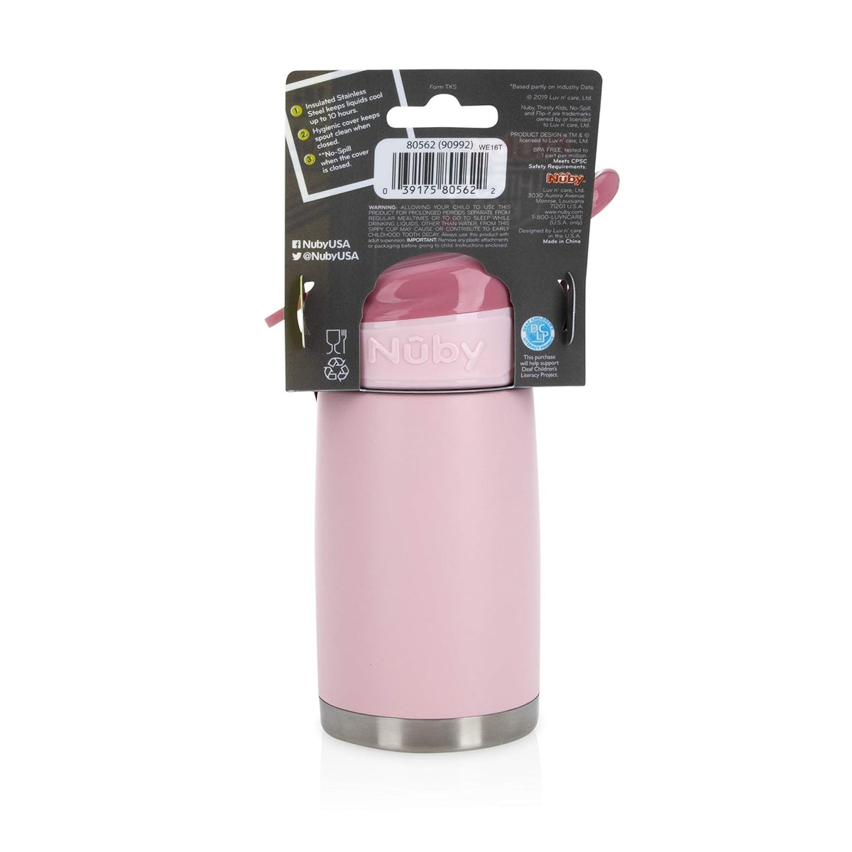 Nuby Thirsty Kids No Spill Flip-It Reflex Stainless Steel Travel Cup or Water Bottle - 10 Oz - 18+ Months - Pink - Back to School Essentials,(Pack of 12)