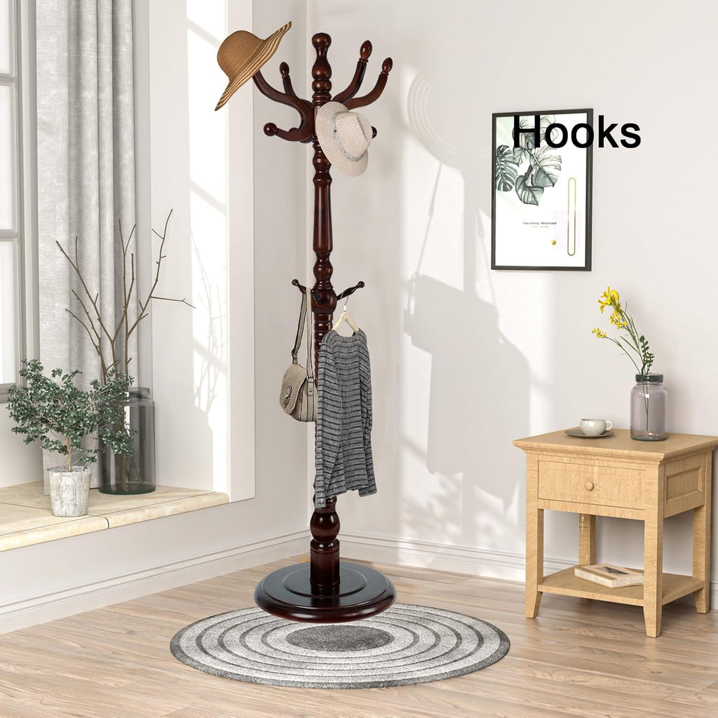 Wooden Coat rack freestanding, Coat racks stand with 11 Hook, Heavy duty coat tree standing 2 Adjustable Heights for Bedroom, Entryway, Hallway, Office,Stury Base (Brown disc)