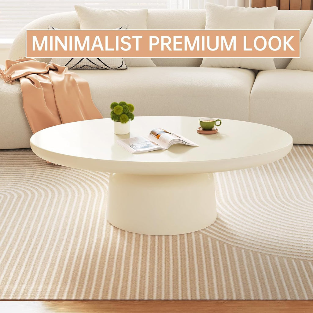 White Oval Coffee Table, 45.66' Cream White Modern Coffee with Sturdy Pedestal for Bedroom,Living Room & Small Spaces