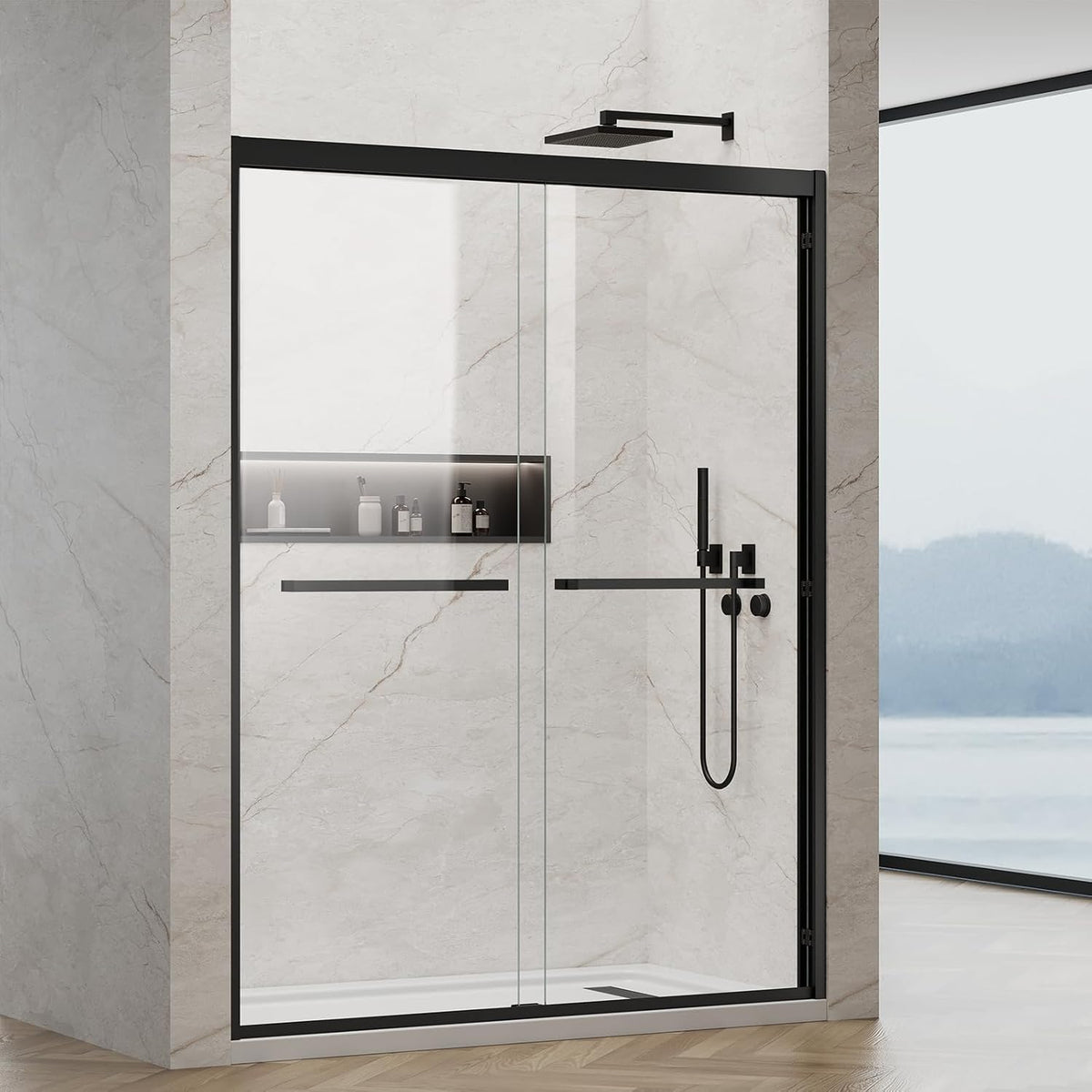 Double Sliding Shower Door 56-60 in. x 76 in., 5/16' (8mm) Tempered Glass, Double Nano Coated Glass, Easy to Clean, Dual Sliding Door for Bathroom - Matte Black