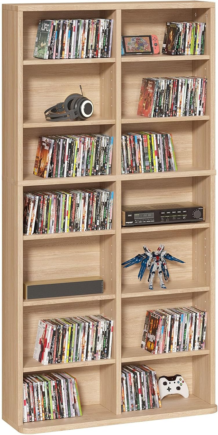 7 Tier Tall Display Cabinet, Natural Media Storage Cabinet with Adjustable Shelves, Free Standing DVD Organizer Shelf, Floor multimedia storage manga bookshelf for Living Room & Home Office.