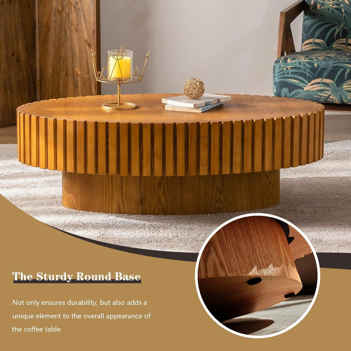WXFKLDJ Oval Drum Coffee Table Black Round Fluted Coffee Table Wood Circle Center Table Pedestal End Table for Apartment Living Room (Light Brown Oval)
