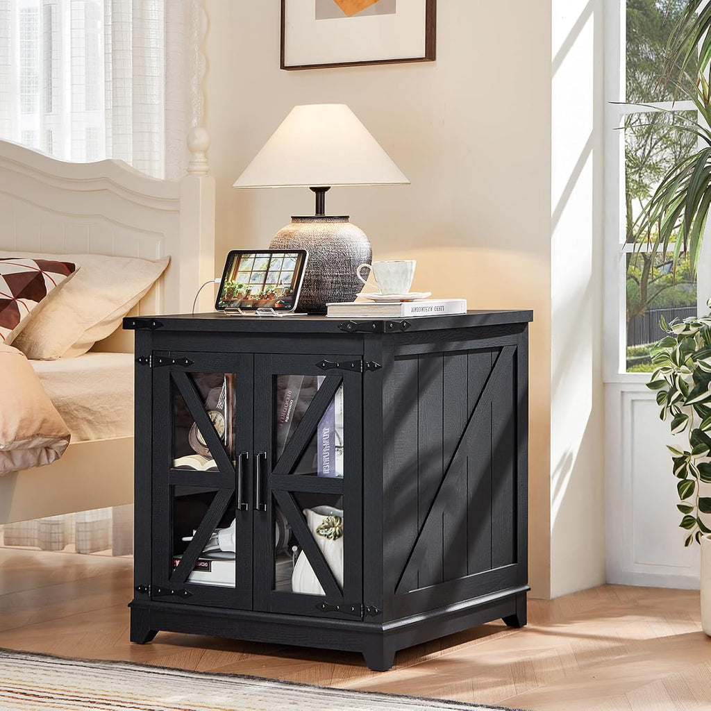 Joaxswe Farmhouse End Table with Charging Station Set 2, 24' Large Sofa Side Table with Glass Barn Door, Nightstand with Adjustable Storage Shelf,Wood Square Bedside Table for Living Room,Bedroom