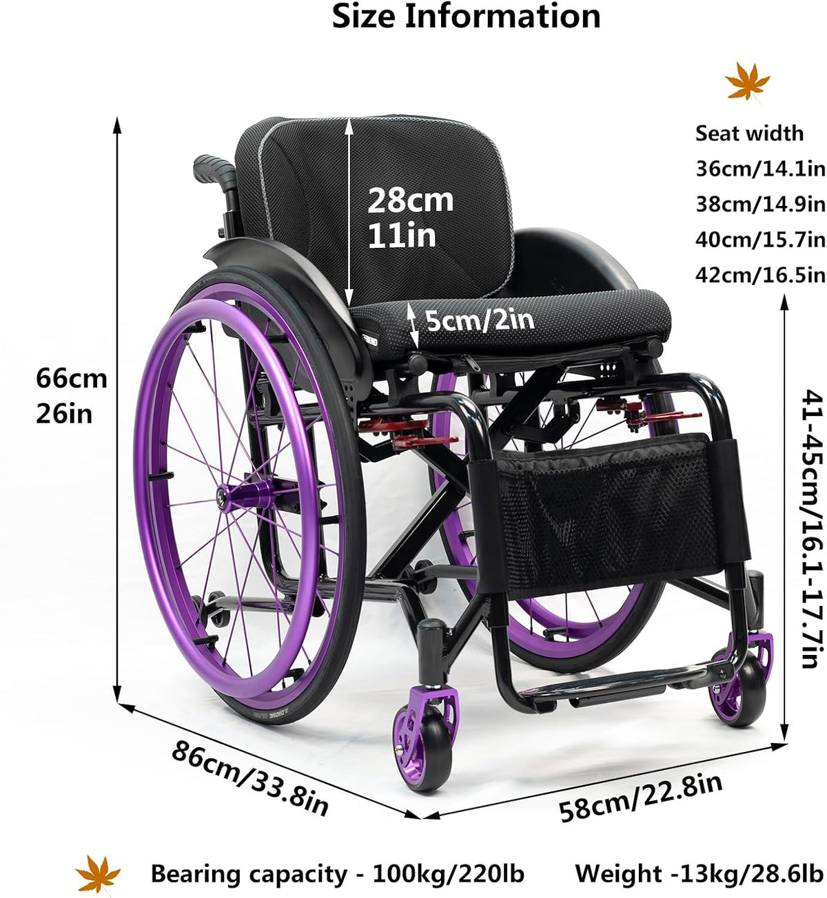 Wheelchairs for Adults,Sports and Leisure Wheelchairs,Portable Manual Wheel Chair,Folding All-Terrain Ultra Lightweight Wheelchair,Self-propelled Transport Wheelchairs(Seat Width 38cm/14.9in,Purple)