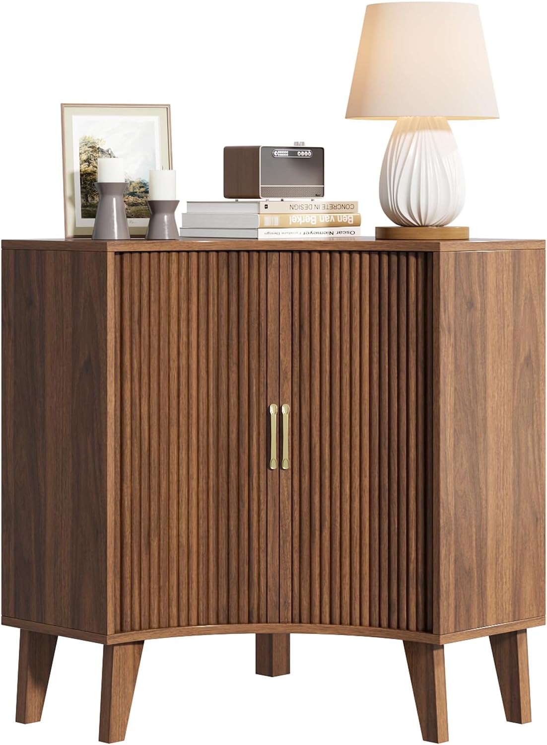 Fluted Corner Cabinet, Small Corner Floor Cabinet with 2-Sliding Doors and Adjustable Shelves, Freestanding Narrow Organizer for Small Space,Living Room, Dining RoomBathroom.Walnut