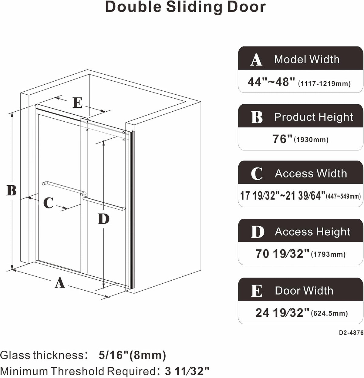 Sliding Shower Door, 48' W x 76' H Semi-Frameless Double Sliding Glass Shower Door with 5/16'' (8mm) Clear ASNI SGCC Tempered Glass, Bypass Shower Enclosure, Brushed Gold
