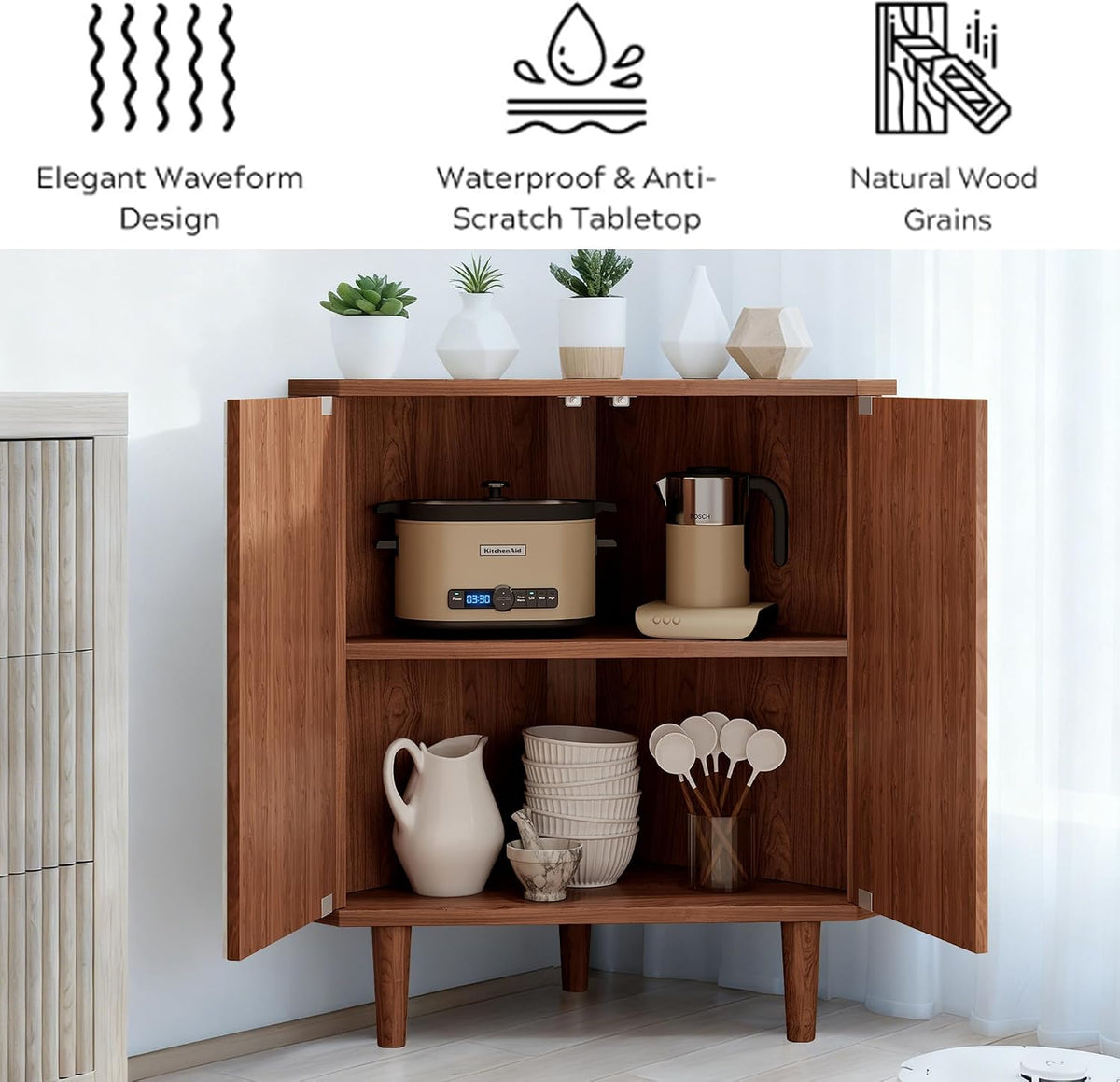 Fluted Floor Corner Kitchen Cabinet with Door, Wooden Freestanding Small Floor Cabinet Organizer, Side Storage Organizer for Living Room, Dining Room, Bathroom Walnut