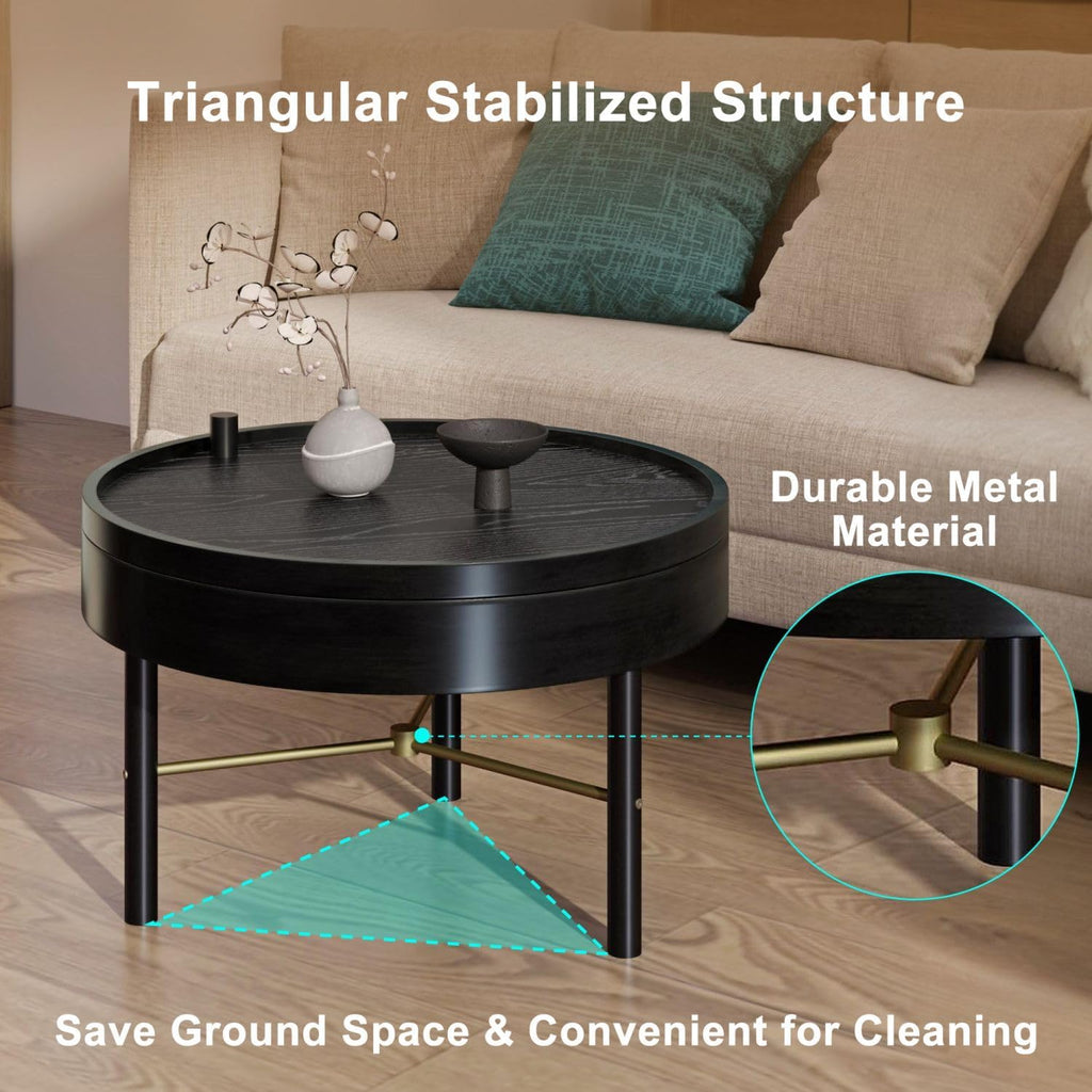 KEVINSPACE 24 Round Wood Coffee Table for Living Room with Storage Space - Rustic Modern Cocktail Table with Rotating Tray, Vintage Farmhouse Black