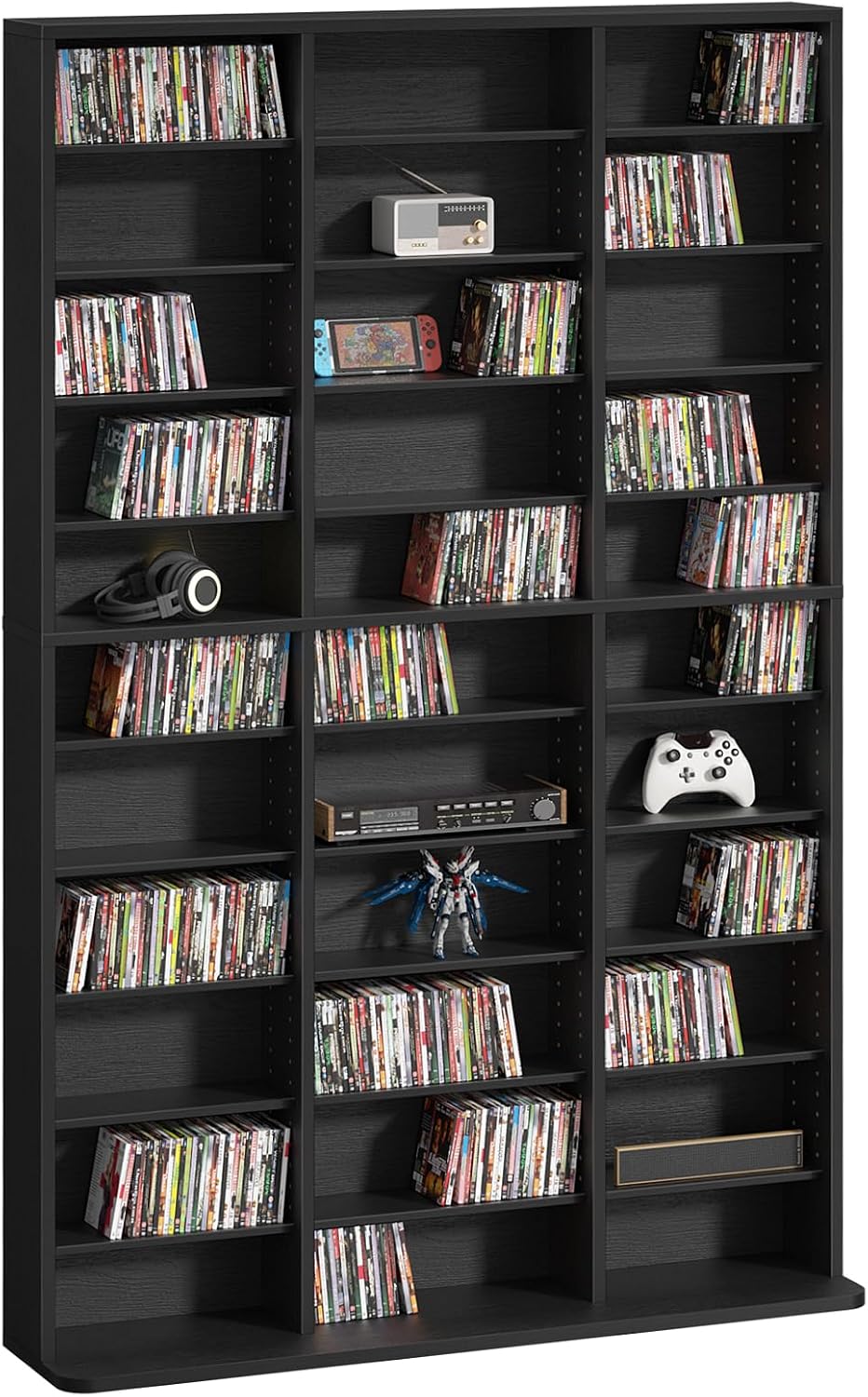 LELELINKY 11 Tier Tall Display Cabinet, Black Media Storage Cabinet with Adjustable Shelves, Free Standing DVD Organizer Shelf, Floor Multimedia Storage Manga Bookshelf for Living Room & Home Office.
