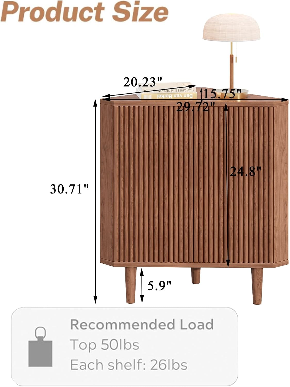 Fluted Floor Corner Kitchen Cabinet with Door, Wooden Freestanding Small Floor Cabinet Organizer, Side Storage Organizer for Living Room, Dining Room, Bathroom Walnut