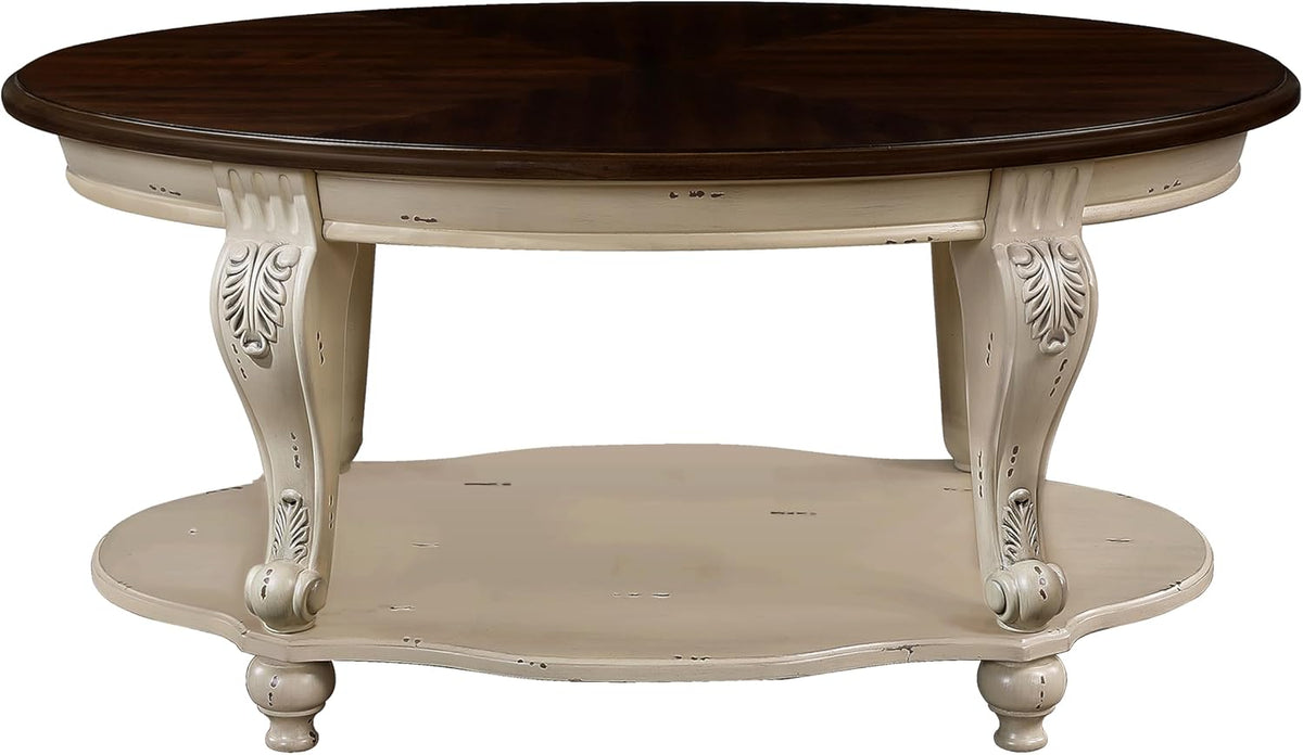 42'' Oval Wood Coffee Table for Living Room, 2-Tier Solid Wood Cocktail Table with Open Storage Shelf, Easy Assembly (Antique White, 42'')