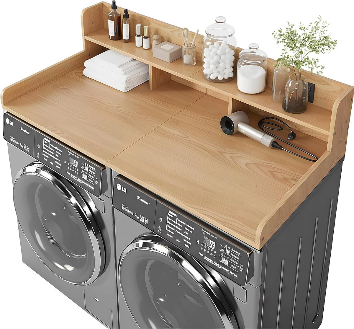 Washer Dryer Countertop with Shelf, 2-Tier Laundry Countertop Over Washer and Dryer, 54' x 27.55' Wooden Table for Folding Clothes for Laundry Room Organization and Storage (Oak)