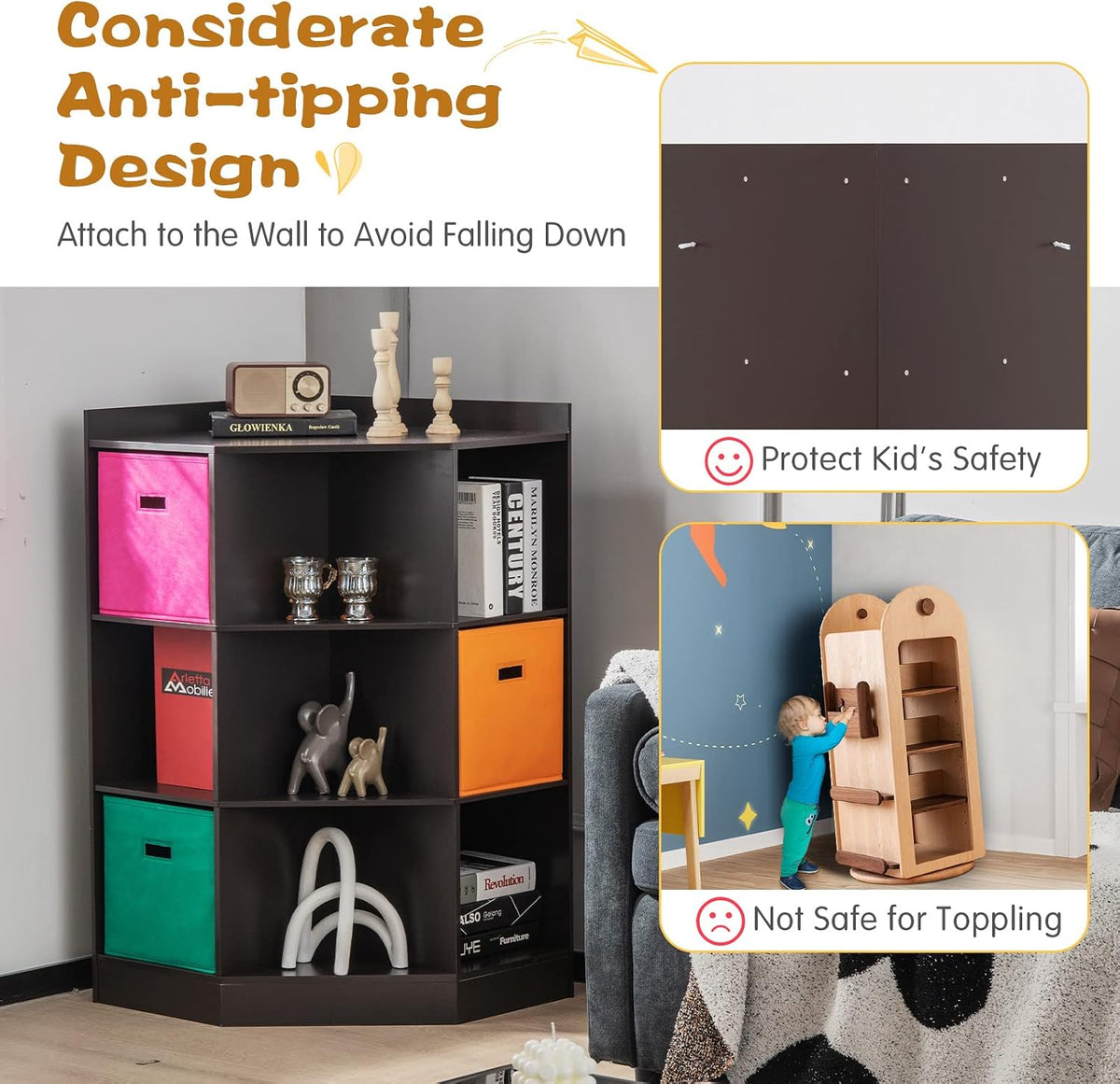 HONEY JOY Kids Toy Storage Organizer, 9-Cubby Toy Bin Organization Storage Cabinet w/Display Shelf & 3 Removable Basket, Wooden Corner Storage Unit for Playroom, Kids Bedroom, Nursery Daycare (Coffee)