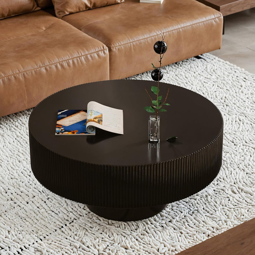Round Handcraft Fluted Coffee Table with Sturdy Stable Pedestal Modern Luxury Drum Center Table Circle Accent Base Center Tables for Living Room Apartment (H)