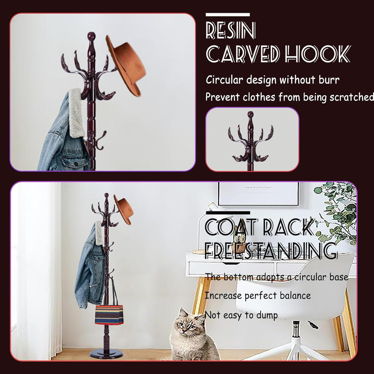 72 in Wood Coat Rack, Coat Rack Freestanding with Stable Round Base, Adjustable Height Tree Coat Racks Stand for Home Bedroom Office Hallway Entryway (Solid Wood Fenghuang Gou)