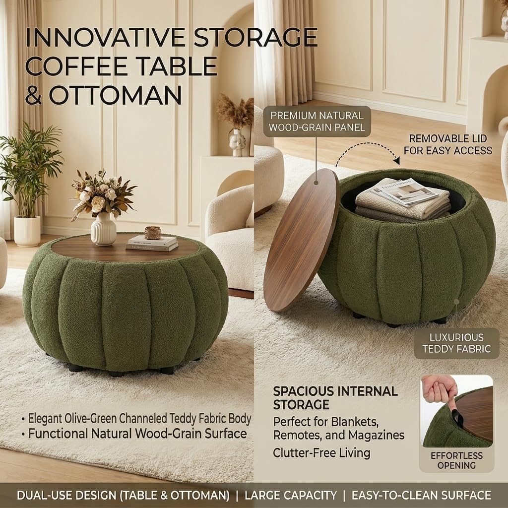 Ottoman Coffee Table for Living Room, Wooden Top Large Storage Ottoman, 30 Inches Round Coffee Table, Pumpkin Shaped Side Table, Multifunctional Teddy Fabric Footstool (Green)