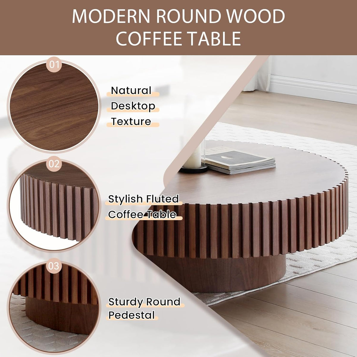 31.49' Walnut Coffee Table Round Wood, Modern Unique Fluted Tea Table, Contemporary Drum Circle Accent Center Table for Living Room, Small Space, Apartment