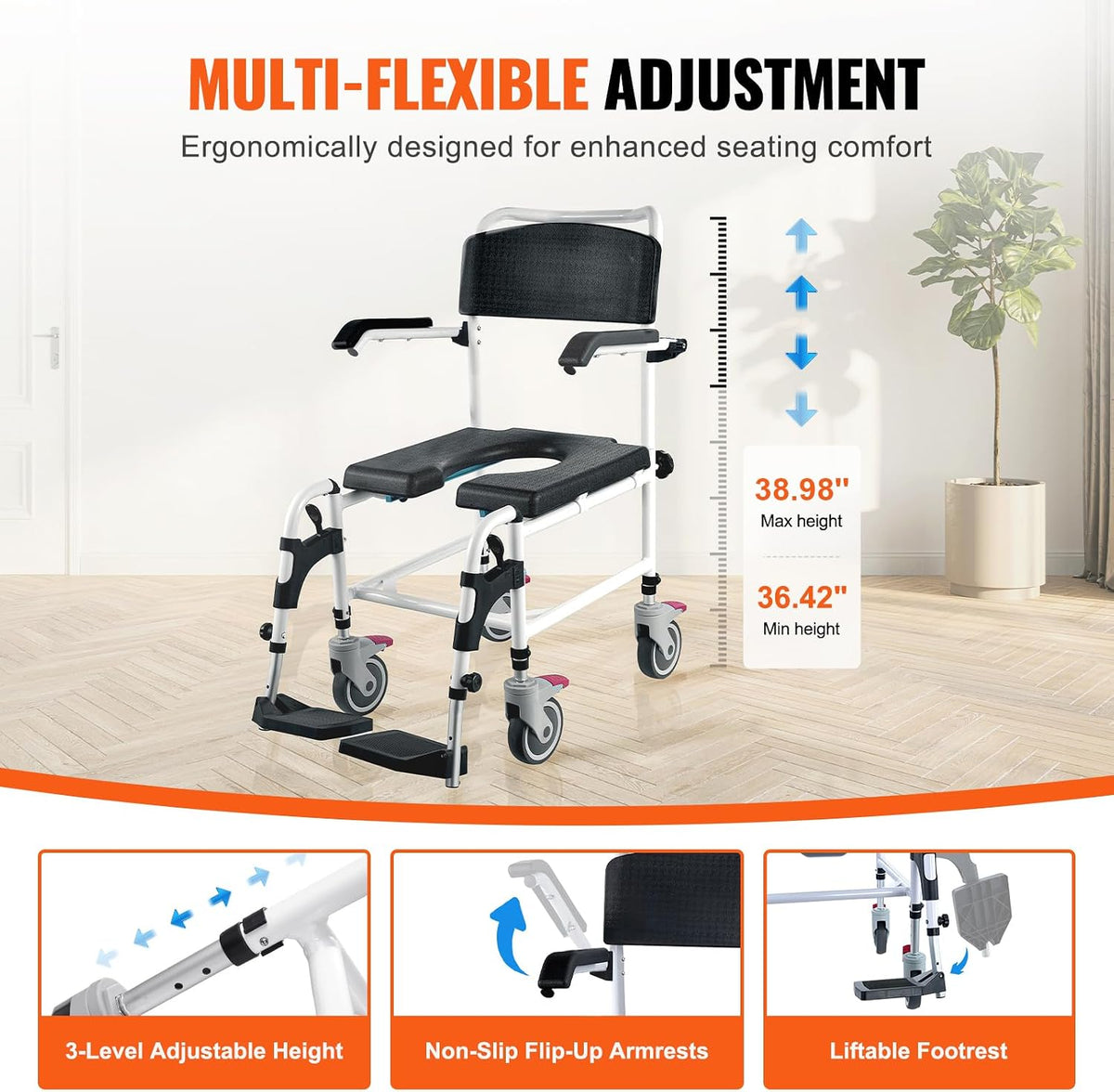 VEVOR Shower Commode Wheelchair with 4 Lockable Wheels, Footrests, Flip-up Arms, 3-Level Adjustable Height, 5L Removable Bucket, 350 LBS Capacity, Commode Chair for Adults Seniors