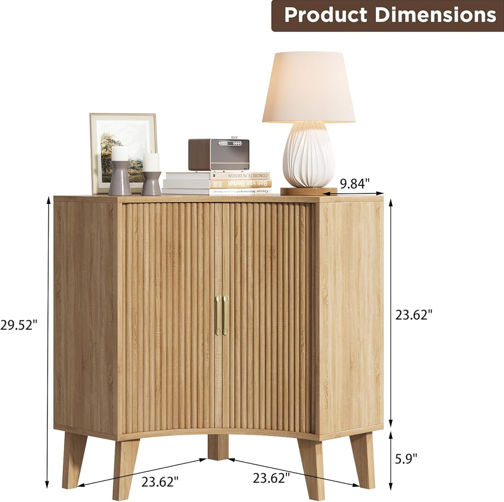 Fluted Corner Cabinet, Small Corner Floor Cabinet with 2-Sliding Doors and Adjustable Shelves, Freestanding Narrow Organizer for Small Space,Living Room, Dining RoomBathroom.Natural