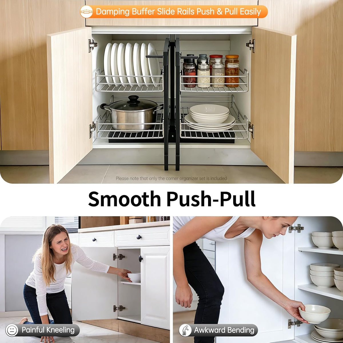 Blind Corner Pull Out Organizer, 2-Tier Pull Basket Corners Cabinet with 4 Storage Baskets, Pull-Out Basket Blind Corner Cabinet Storage Shelf for Home Kitchen