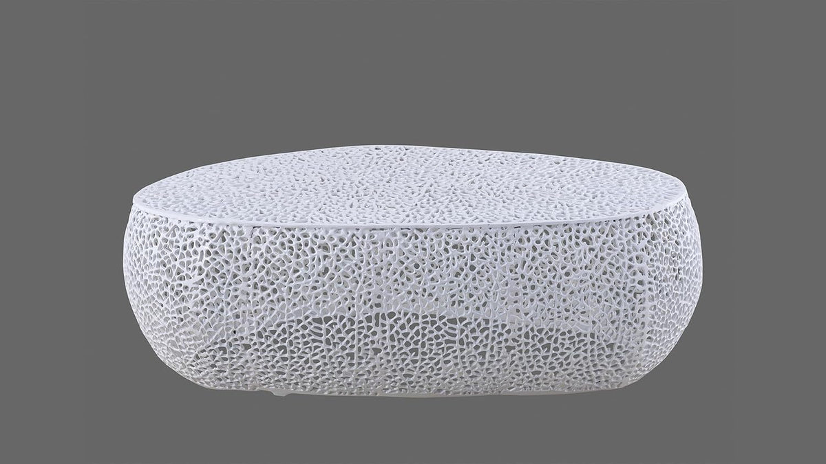 Oval Coffee Table with Iron Hollow Design Metal White Drum Tea Cocktail Table for Living Room No Assemble