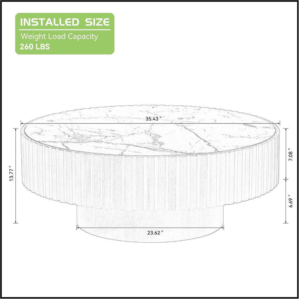 JUSTONE 35.43''Round Coffee Table,Modern Round Sintered Stone Tabletop Drum Coffee Table Luxury Circle Coffee Table for Apartment, Walnut