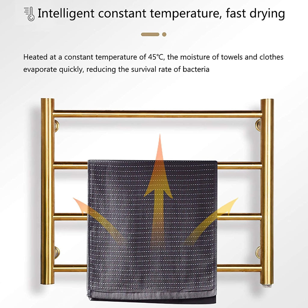 Towel Warmer, Gold Electric Towel Rack with 4 Round Bars 304 Stainless Steel Heated Towel Bar Drying Rack Wall Mounted Bath Towel Dryer