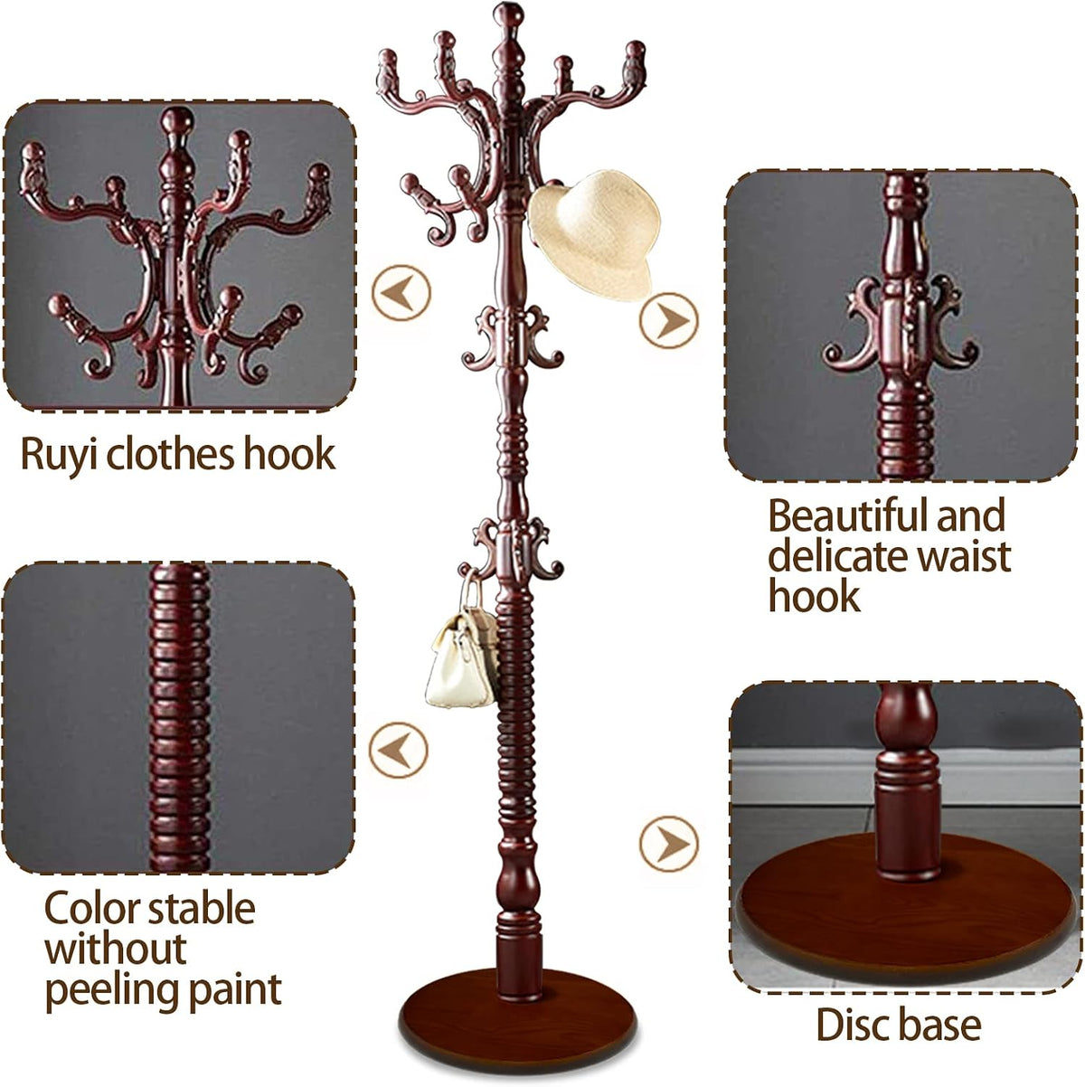 Standing Coat Rack Coat Tree Freestanding Wooden Coat Rack Modern Coat Racks Office Coat Stand for Hat Purse Corner Entryway (black red)