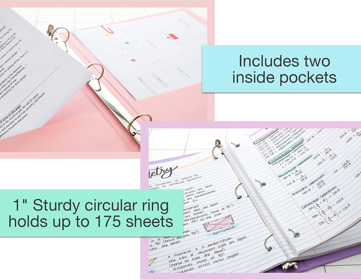 BAZIC Products 3 Ring Binder 1' Economy View Binders Organizer - Pastel Color, Round Ring, Hold 175 Sheets Paper, for School Office Home, 24-Count