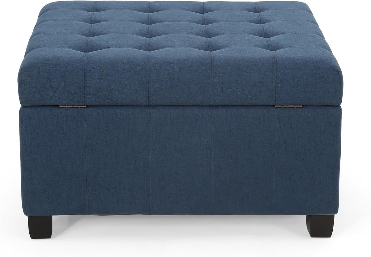 YOPTO 31' Square Storage Ottoman,Linen Footrest with Wooden Legs,Upholstered Button Tufted Coffee Table for Living Room,Navy Blue