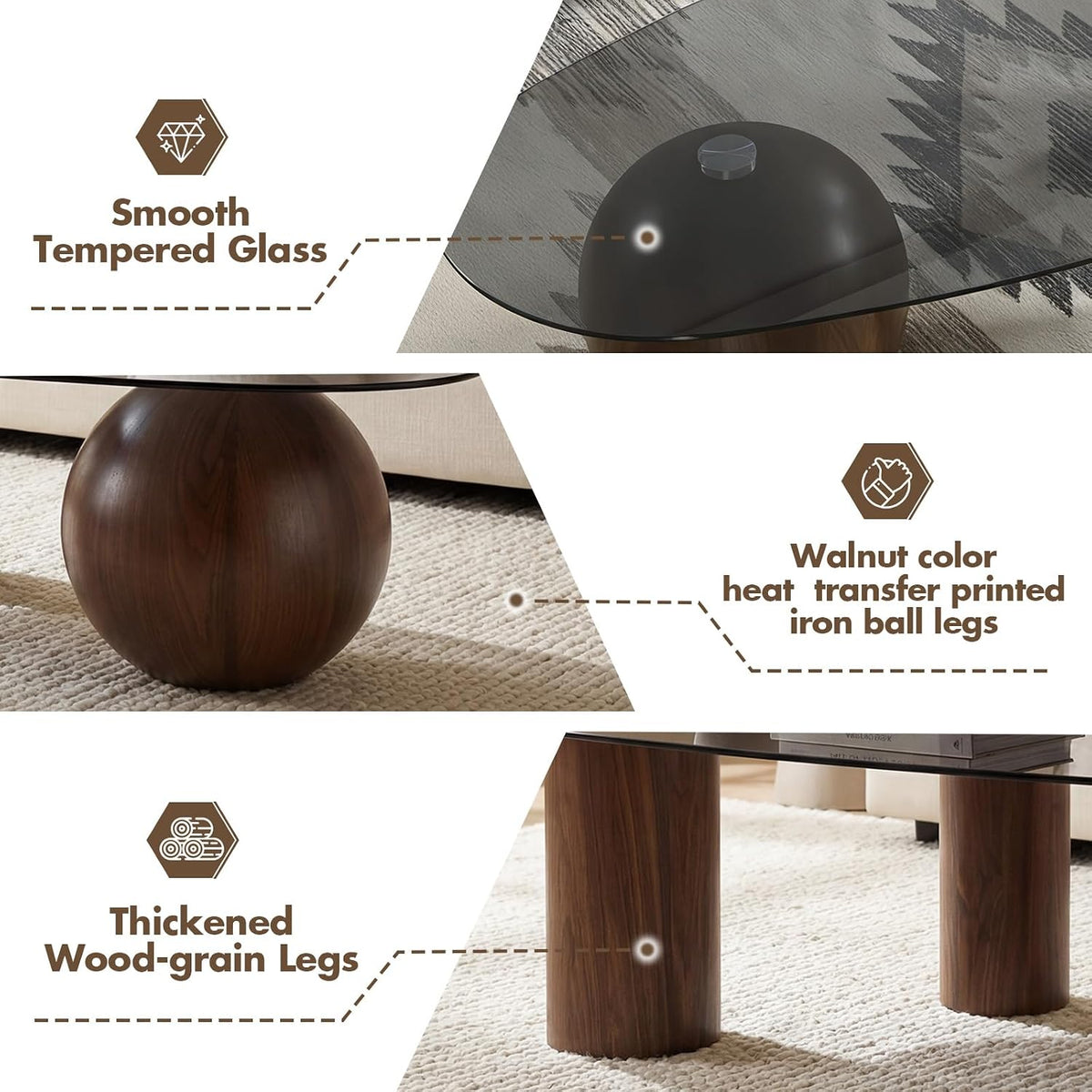 Hyfirm 55' Irregular Cloud Glass Coffee Table, Modern Black Tempered Glass Top with Walnut Finished Legs, Accent Center Table for Living Room & Bedroom