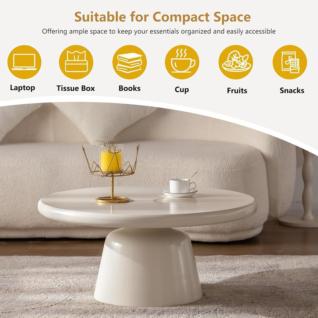 Cream White Round Coffee Table with Stylish Curve, Mid Century Modern Drum Coffee Table, Minimalist Farmhouse Center Furniture, for Living Room Apartment Office (D)