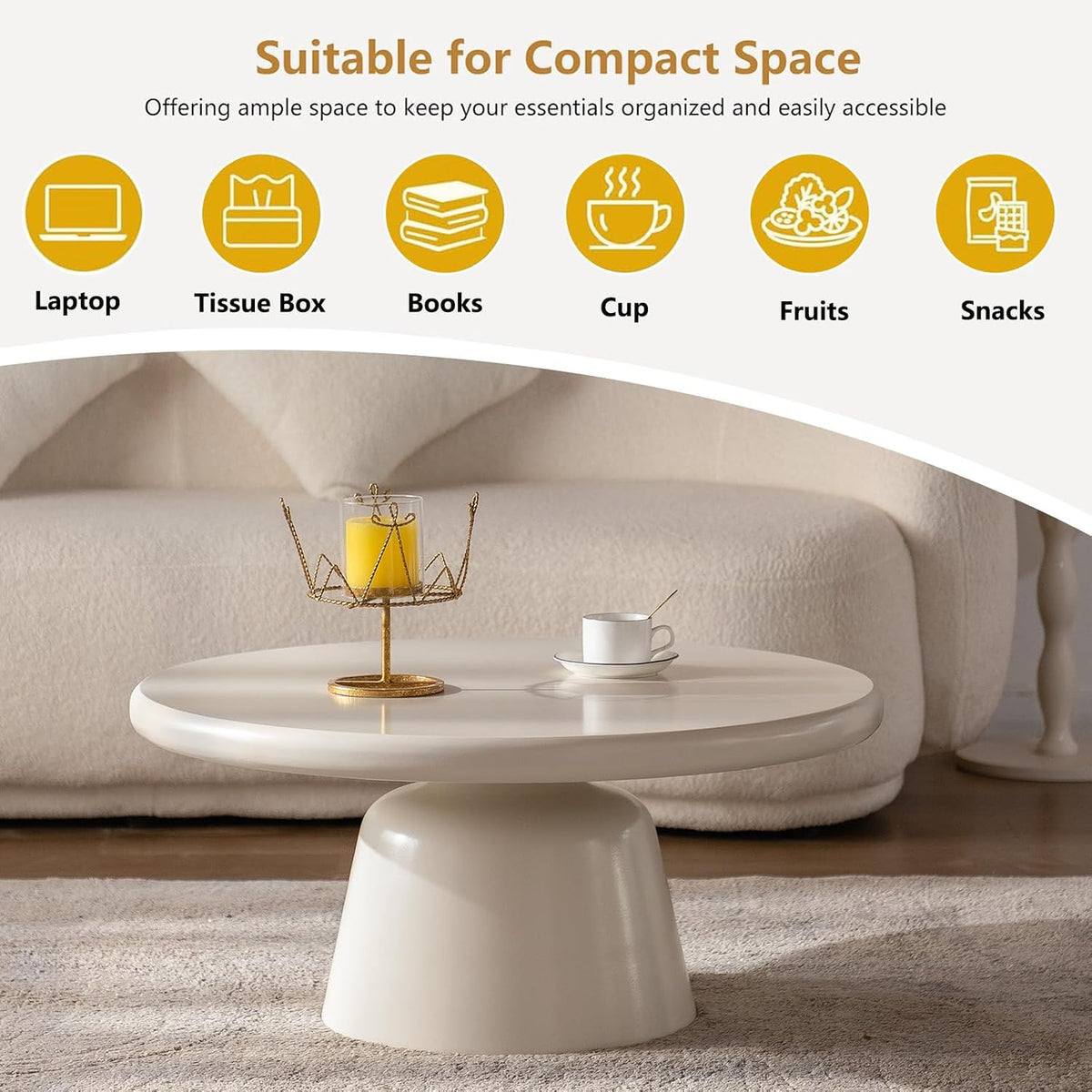 Cream White Round Coffee Table with Stylish Curve, Mid Century Modern Drum Coffee Table, Minimalist Farmhouse Center Furniture, for Living Room Apartment Office (D)