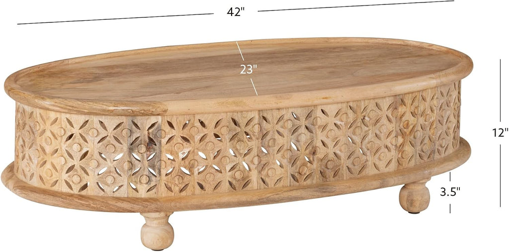 Powell Sympico Natural Stained Mango Wood Sympic Oval Coffee Table with Carved Details