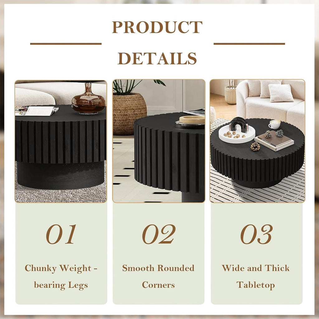 31.5' Round Drum Fluted Coffee Table for Living Room Modern Circle Coffee Table with Pedestal Center Tables Fluted Accent Tea Tables for Apartment Living Room (G)