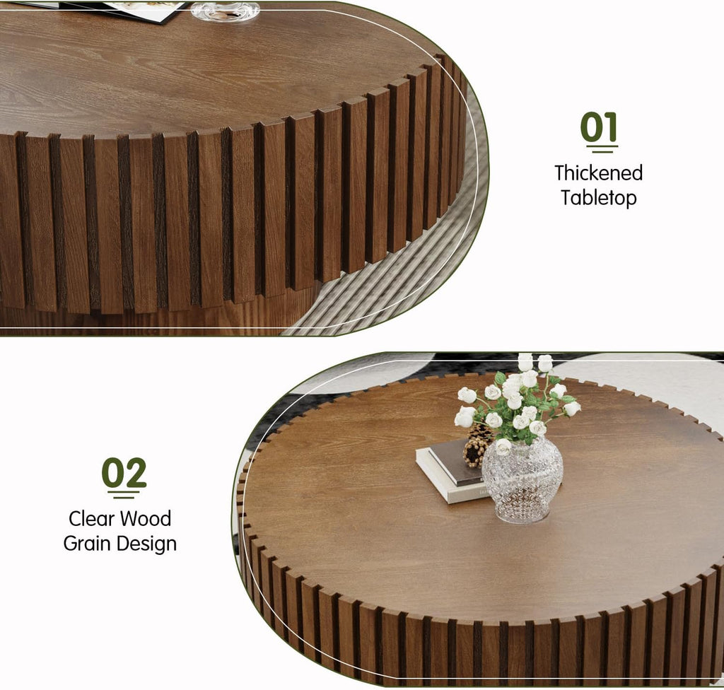 Round Drum Coffee Table 31.5'' Handcraft Fluted Coffee Table Modern Unique Circle Accent Center Table for Living Room with Sturdy Pedestal Gear Easy Assembly for Small Space,31' Round Brown