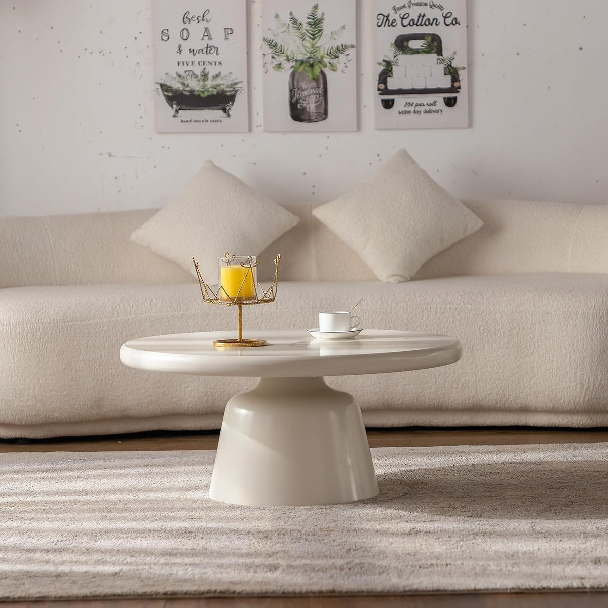 Cream White Round Coffee Table with Stylish Curve, Mid Century Modern Drum Coffee Table, Minimalist Farmhouse Center Furniture, for Living Room Apartment Office (D)