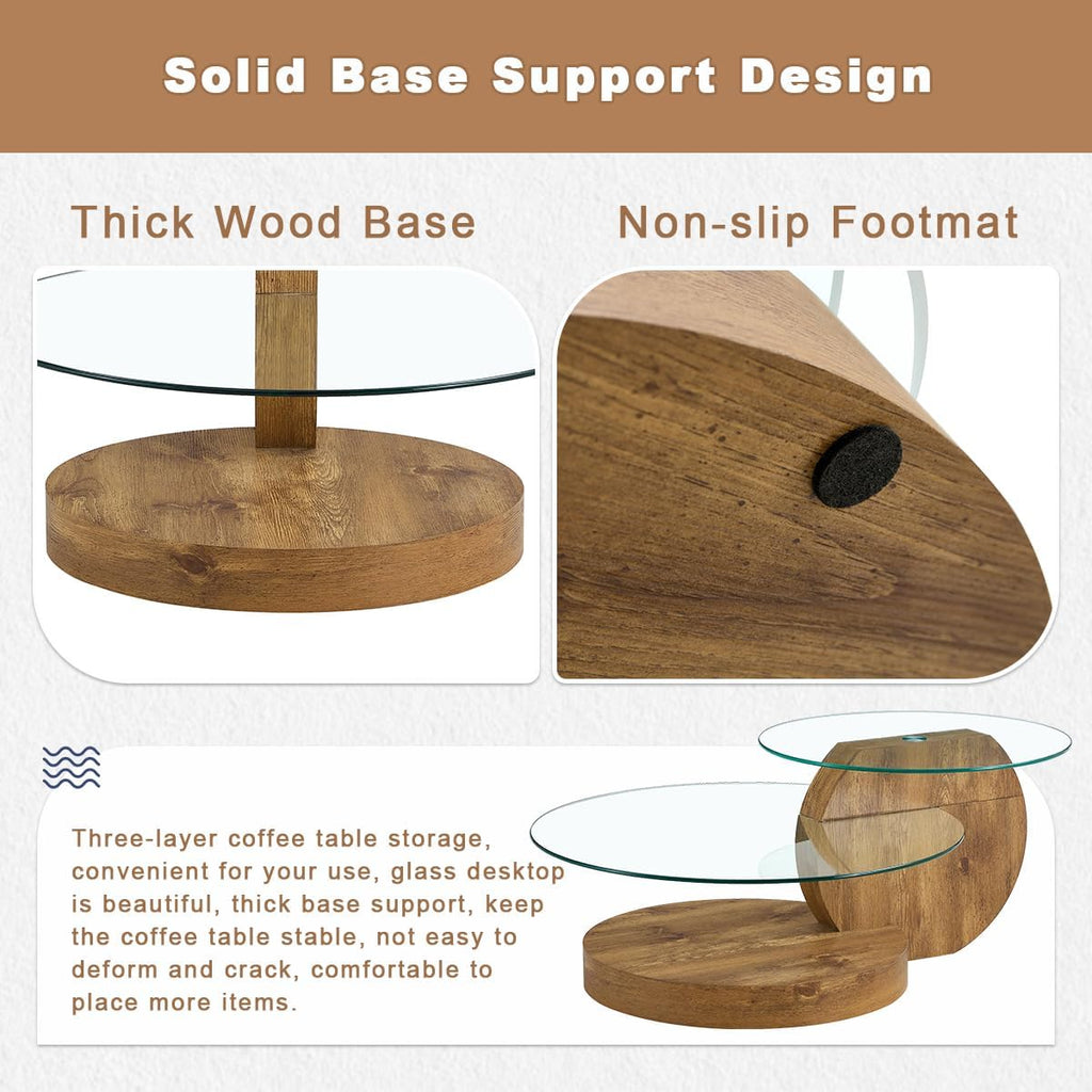 42' Glass Coffee Table｜Round Coffee Table｜3-Tier Design with Tempered Glass Tabletop｜Wood Color Wooden Base｜Large Storage Space｜Smooth Edge｜Ideal for Living Room｜Easy Assembly