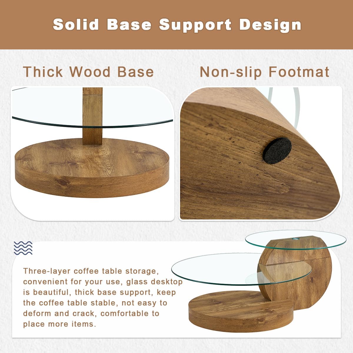 42' Glass Coffee Table｜Round Coffee Table｜3-Tier Design with Tempered Glass Tabletop｜Wood Color Wooden Base｜Large Storage Space｜Smooth Edge｜Ideal for Living Room｜Easy Assembly