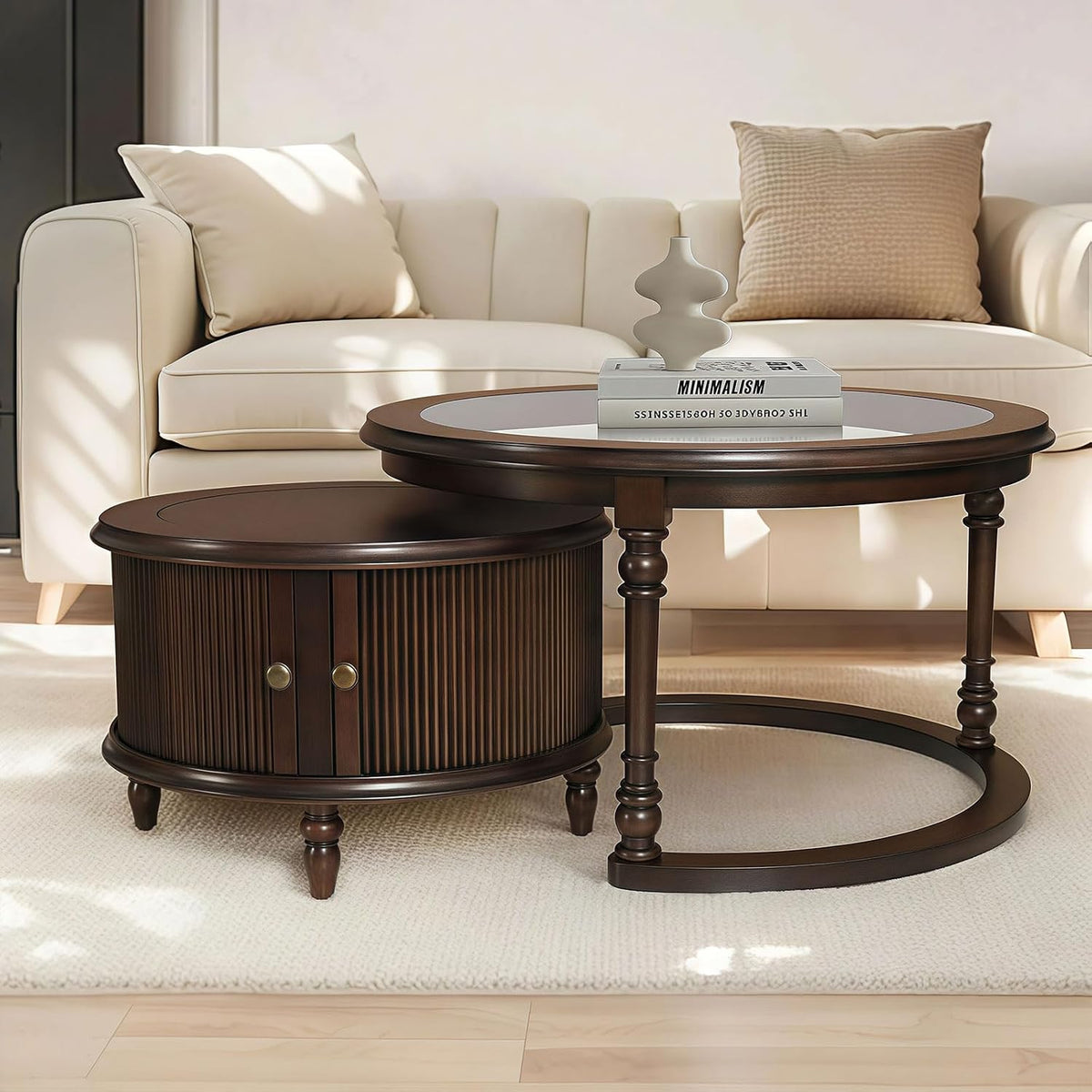 31.5' Nesting Coffee Table Set of 2, Modern Round Center End Side Table for Living Room with Storage Drawer, Dark Brown