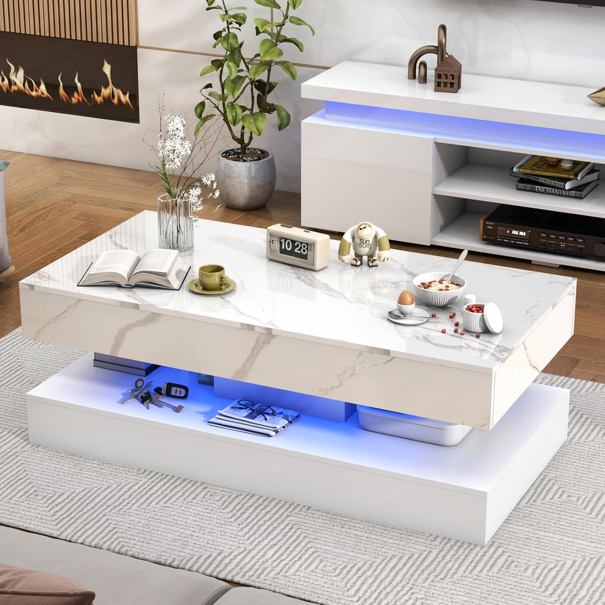 chartustriable 47.2' Large High-Glossy LED Coffee Table with 2 Sliding Drawers, Living Room Storage Coffee Tables with Marbling Print, Modern Stylish Double-Layer Center Tables w/LED Lights, White