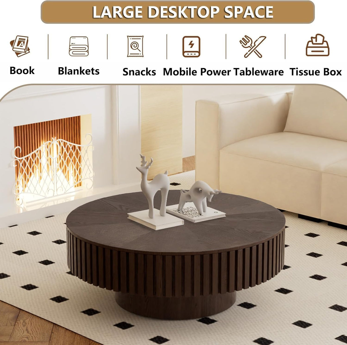 Round Handcraft Fluted Coffee Table with Sturdy Stable Pedestal Modern Luxury Drum Center Table Circle Accent Base Center Tables for Living Room Apartment (K)