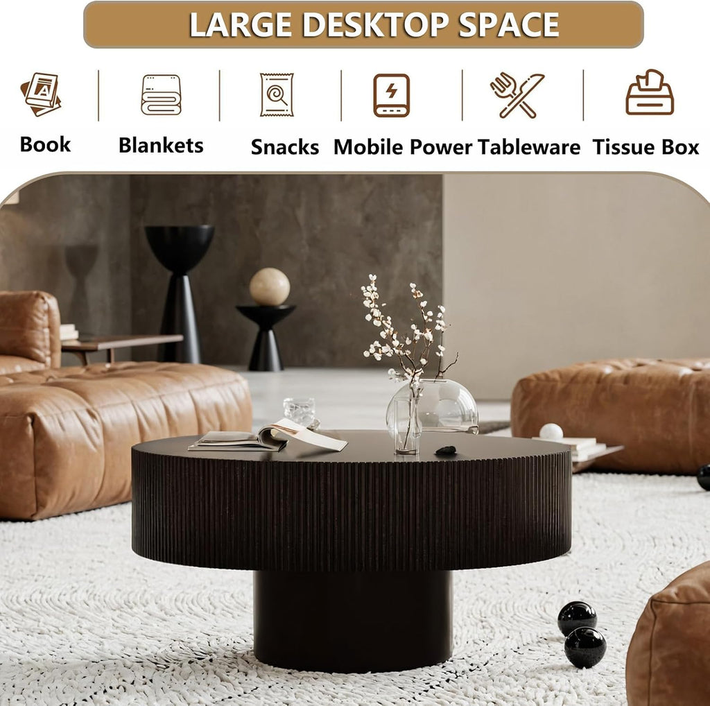 Round Handcraft Fluted Coffee Table with Sturdy Stable Pedestal Modern Luxury Drum Center Table Circle Accent Base Center Tables for Living Room Apartment (H)