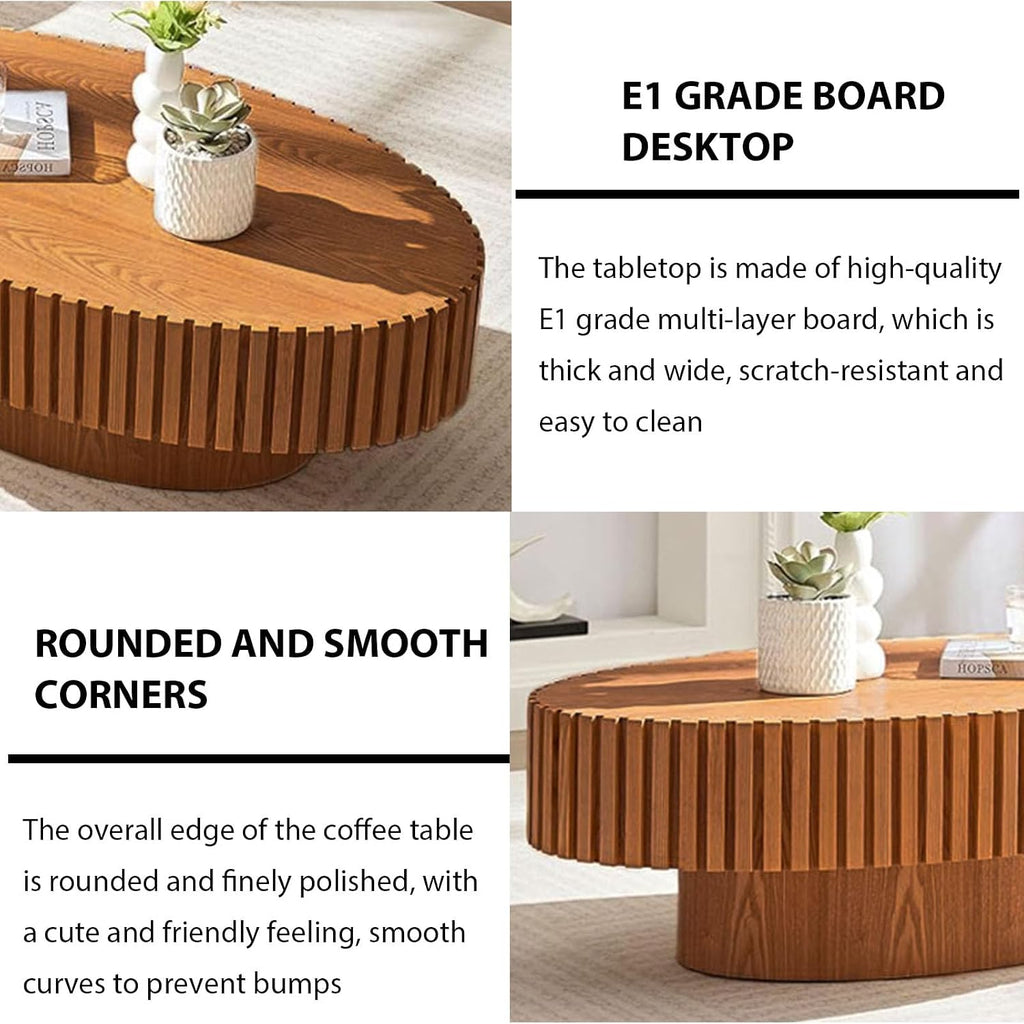 JHKZUDG Modern Wood Coffee Table Handcrafted Fluted Drum Coffee Tables Wooden Oval Center Table with Sturdy Pedestal for Living Room Apartment,Oval Wood