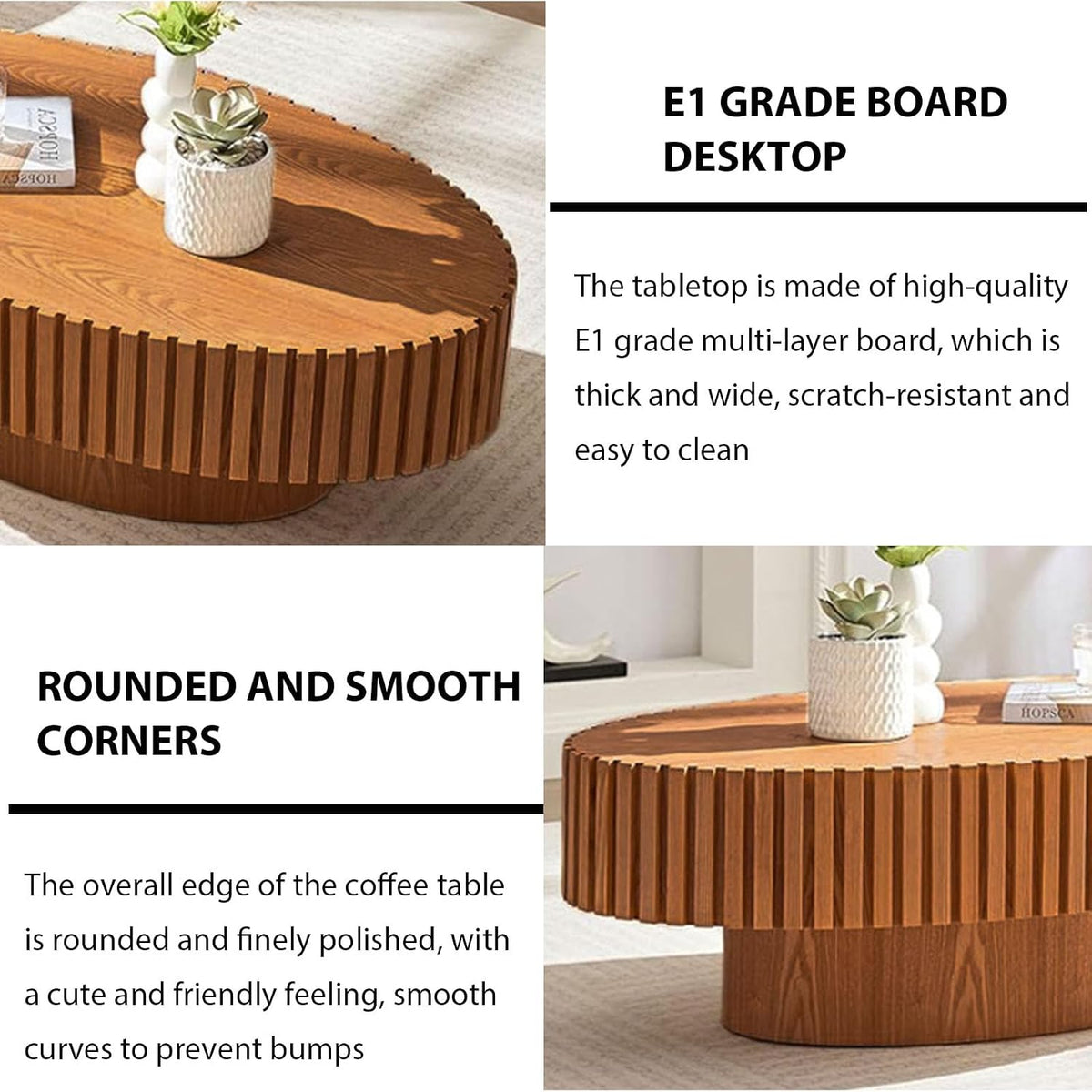 JHKZUDG Modern Wood Coffee Table Handcrafted Fluted Drum Coffee Tables Wooden Oval Center Table with Sturdy Pedestal for Living Room Apartment,Oval Wood