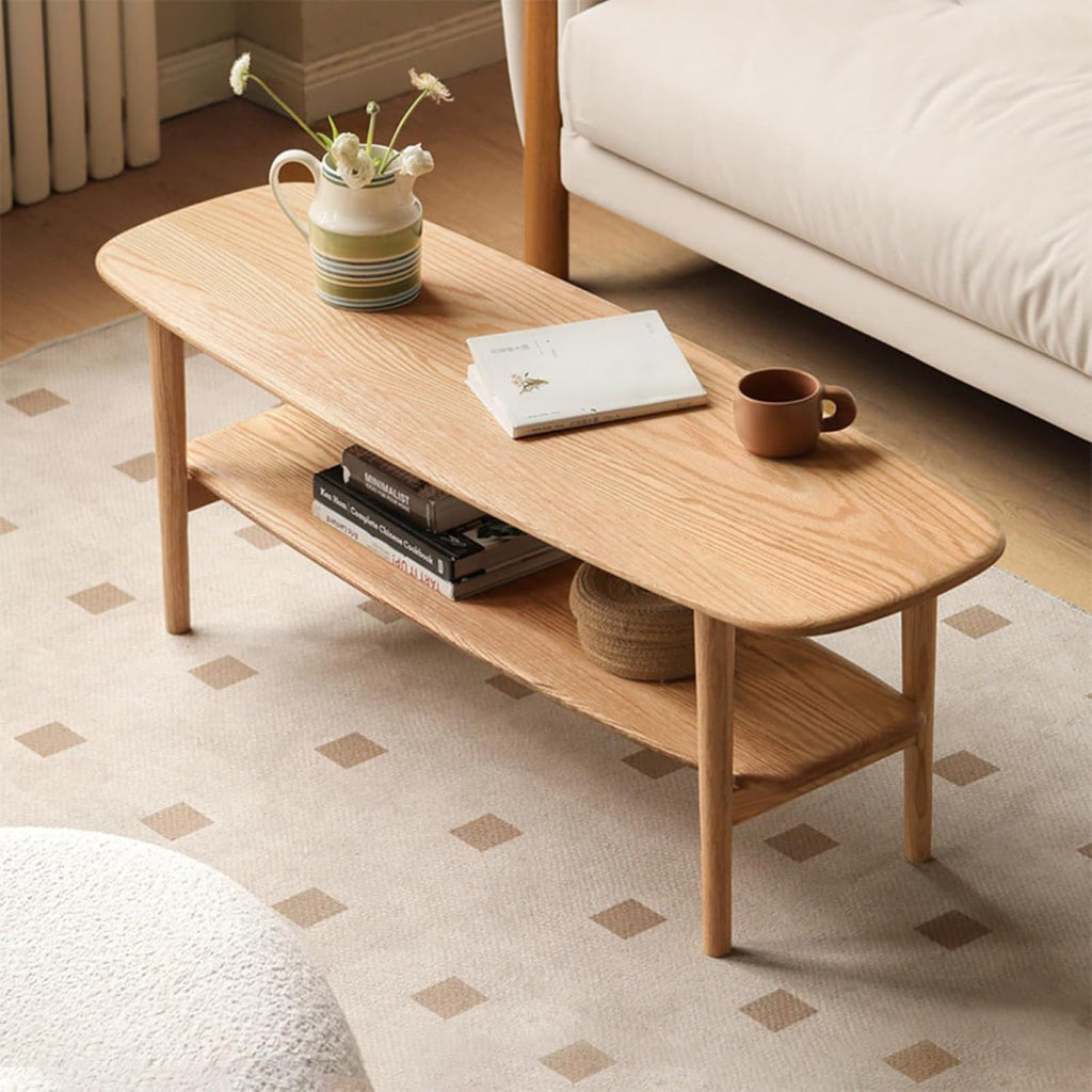 100% Solid Oak Wood Coffee Table with Open Shelf - Oval Narrow Coffee Table for Small Space, Living Room (Oak, 39.37')