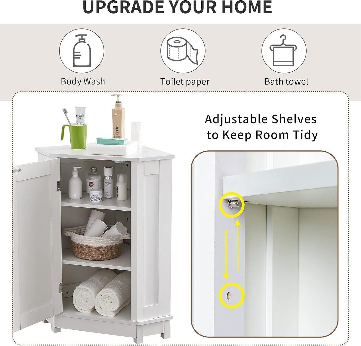 Corner Storage Cabinet with Door and Adjustable Shelf, Freestanding Floor Cupboard for Bathroom, Kitchen or Living Room, Wooden, White